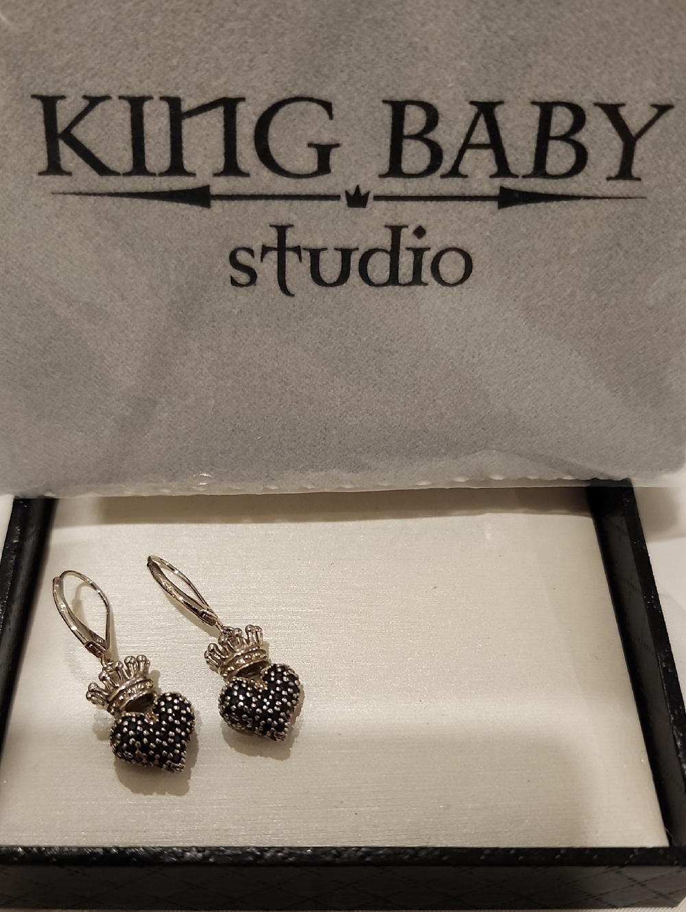 King Baby Studio Silver Heart Crown Earrings with Black Crystals